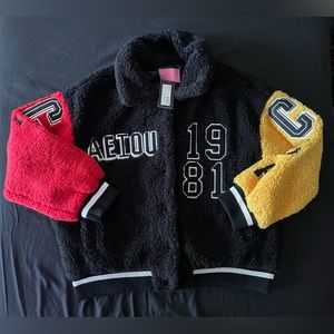 New Rare Azalea Wang Pick A Vowel Oversized Teddy Varsity Jacket Womens Size XL